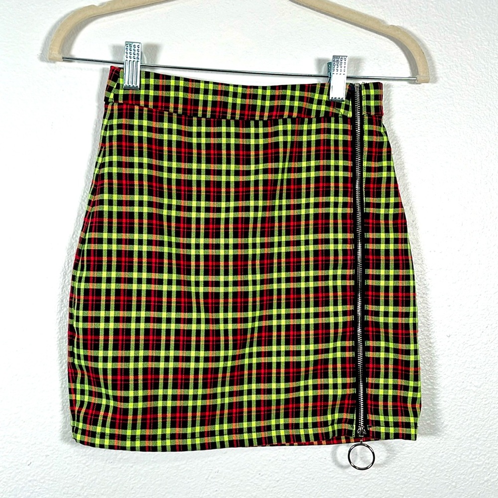 NBD X NAVEN lime black and red plaid zip down mini skirt size XXS
